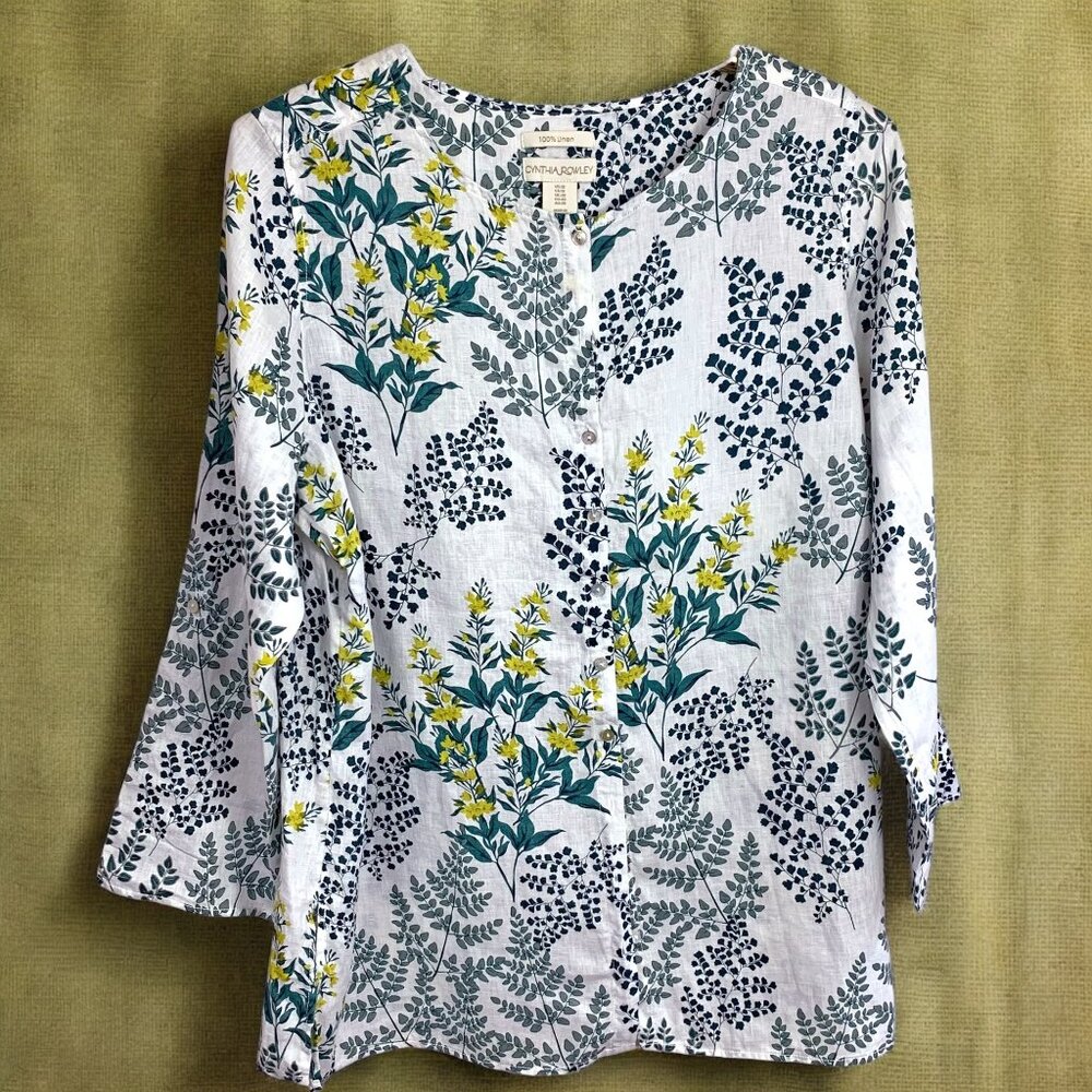 Cynthia Rowley White Linen Floralβ Garden Print Button Down Tunic